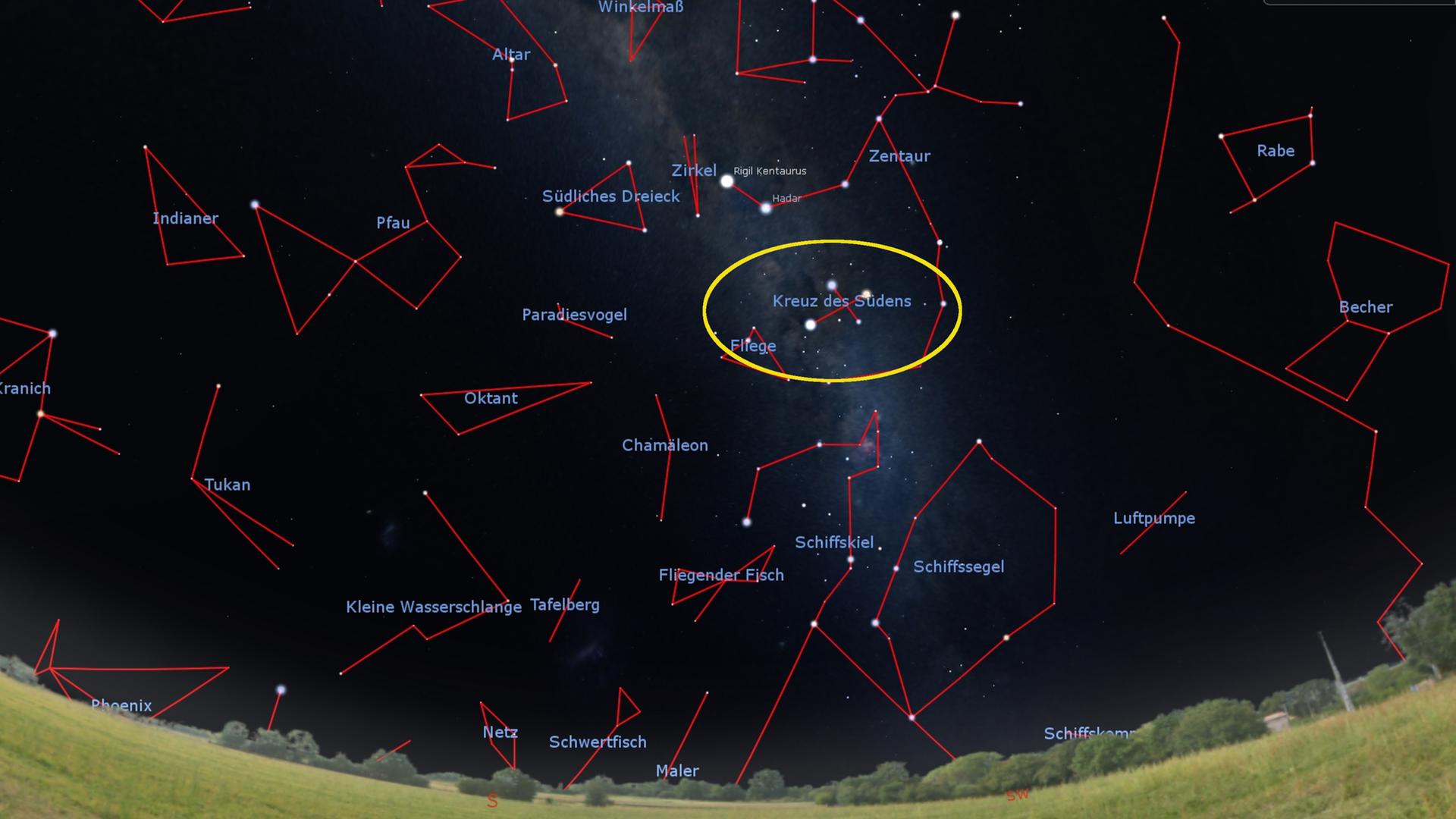 Abendhimmel über der Astronomie-Konferenz: Das berühmte Kreuz des Südens strahlt hoch am Südhimmel. 