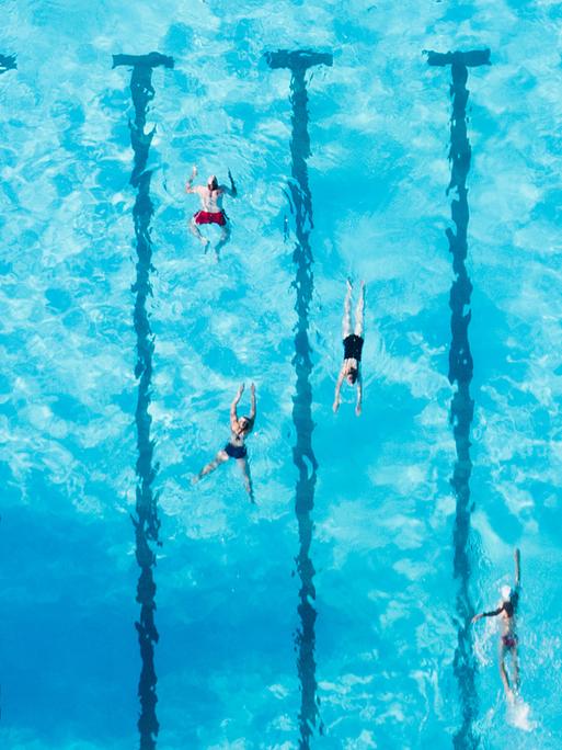 Luftaufnahme auf Schwimmer im Freibad Ricklinger Bad 
