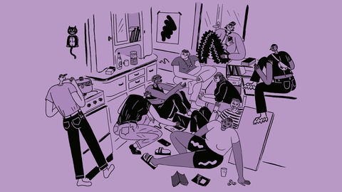 Lila eingefärbte Illustration von jungen Menschen, die in einer Küche auf dem Boden oder auf Fenstersimsen sitzen, teilweise mit Laptops, Handys und Bauchtaschen.