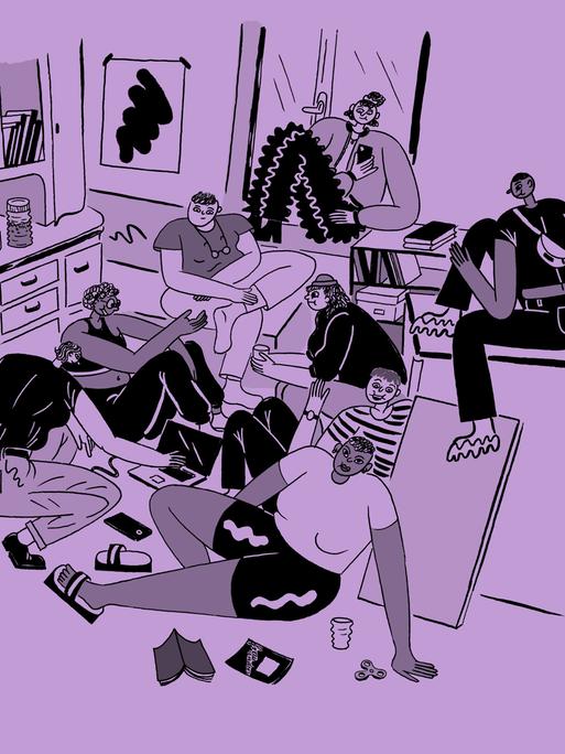 Lila eingefärbte Illustration von jungen Menschen, die in einer Küche auf dem Boden oder auf Fenstersimsen sitzen, teilweise mit Laptops, Handys und Bauchtaschen.