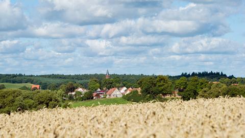 Wolken am blauen Himmel ziehen über ein Weizenfeld am Rande eines Dorfes.