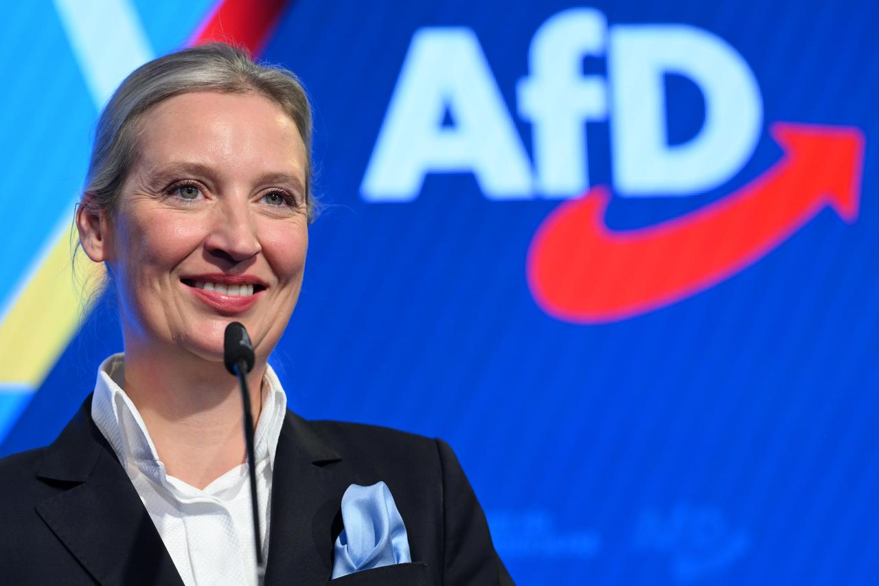 Im Vordergrund Alice Weidel, im Hintergrund das Logo von der AfD