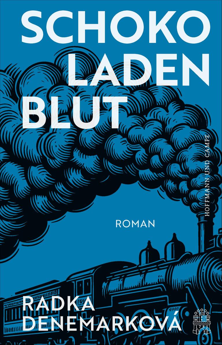 Das Buchcover zu Radka Denemarkovás Roman "Schokoladenblut" zeigt eine schwarz-blau gehaltene Illustration einer Dampflok 