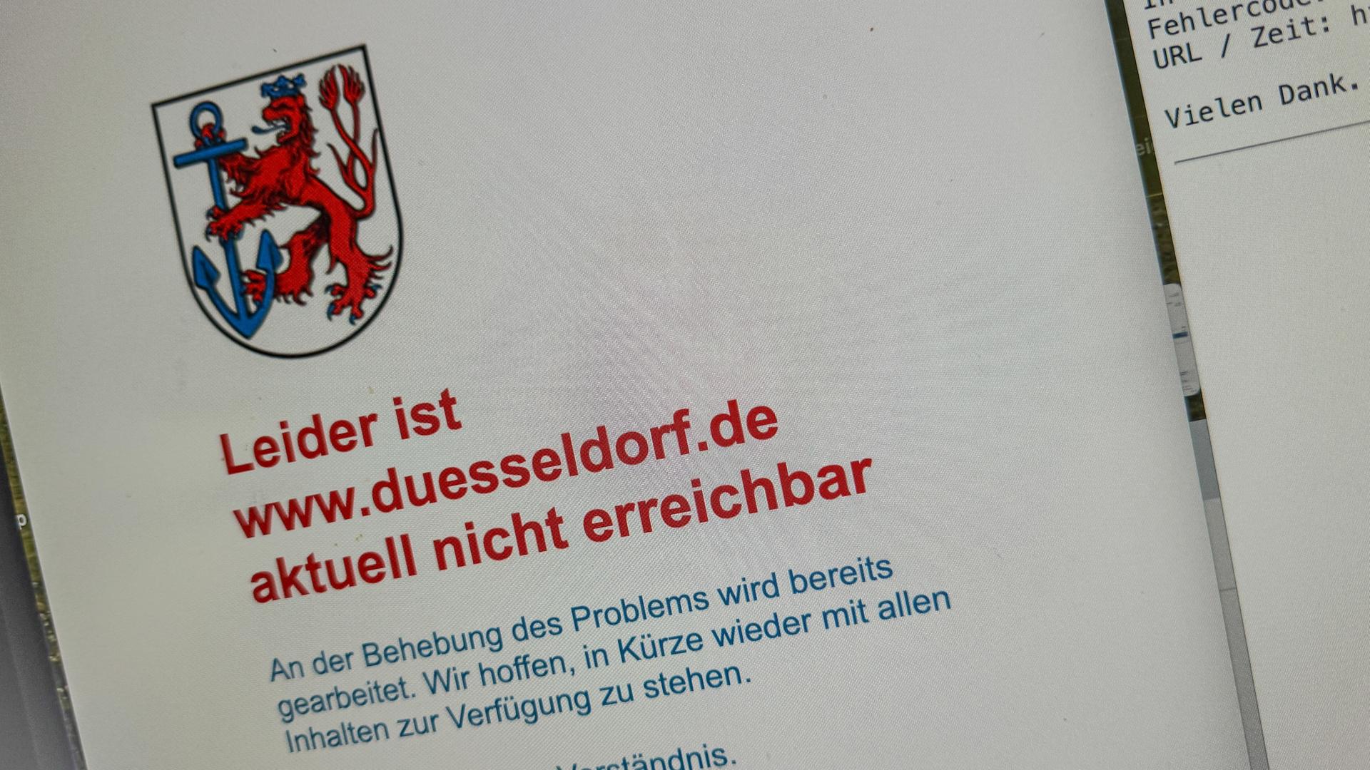 Die Internet-Seite von der Stadt Düsseldorf zeigt eine Fehler-Meldung. Dort steht: Die Seite ist "leider aktuell nicht erreichbar".