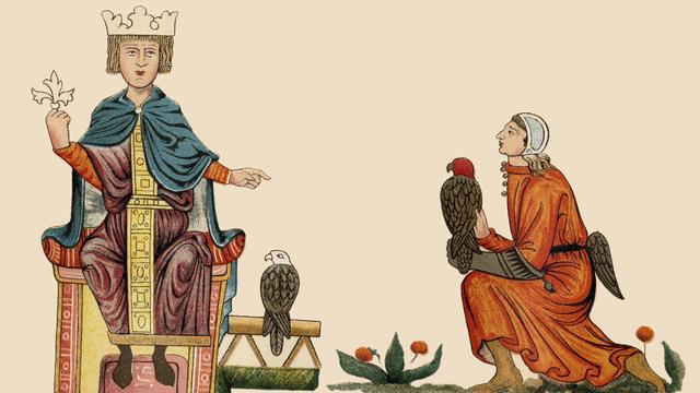 Das Bild zeigt ein Faksimile mit Friedrich II., der auf einem Thron sitzt, neben ihm kniet eine Person, außerdem sind Falken zu sehen Das Bild zeigt ein Faksimile mit Friedrich II., der auf einem Thron sitzt, neben ihm kniet eine Person, außerdem sind Falken zu sehen