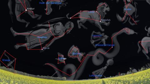 Eine Aufnahme des Nachthimmels mit Sternen, die ergänzt ist mit roten Linien und Bezeichnungen, um Sternenbilder hervorzuheben