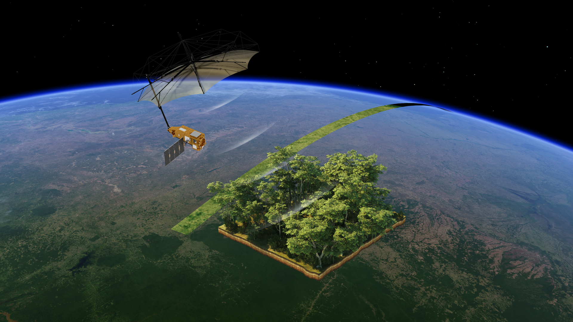 Die Illustration zeigt den Satelliten Biomass wie er über der Erde schwebt. Ein Quadrat mit Bäumen wird hervorgehoben und schwebt ebenfalls über der Erde. Die Illustration zeigt den Satelliten Biomass wie er über der Erde schwebt. Ein Quadrat mit Bäumen wird hervorgehoben und schwebt ebenfalls über der Erde.