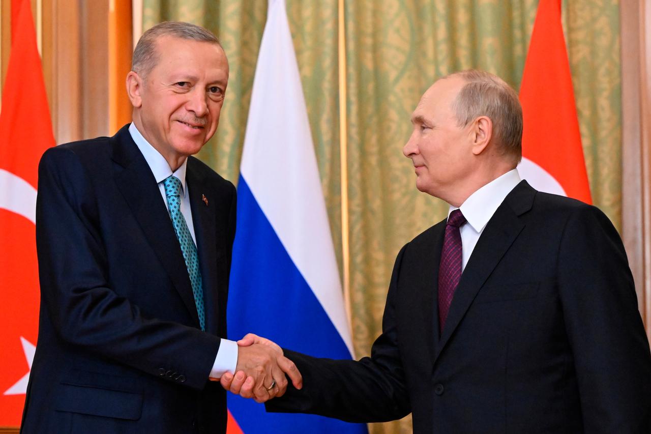 Der türkische Präsident Erdogan schüttelt Vladimir Putin die Hand und blickt in die Kamera. Im Hintergrund eine russische und eine türkische Fahne