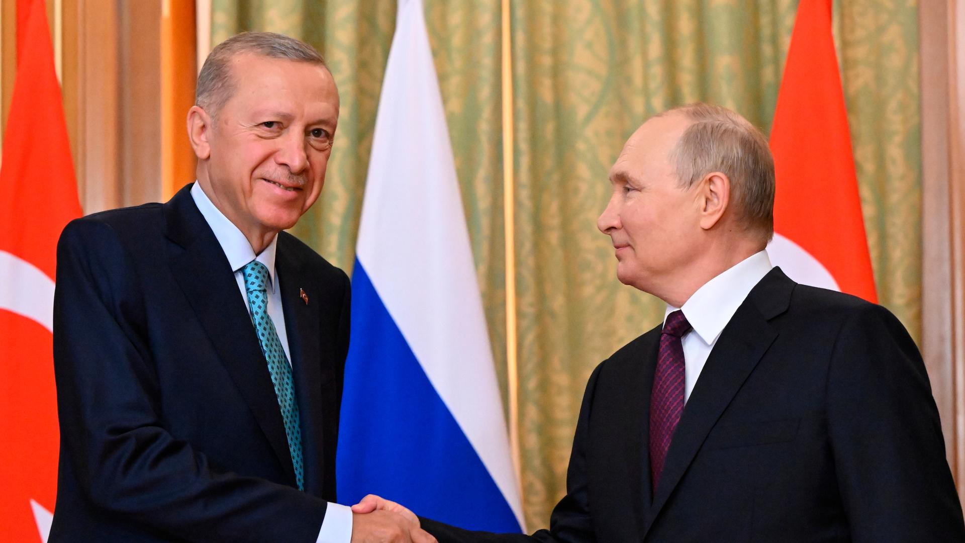 Der türkische Präsident Erdogan schüttelt Vladimir Putin die Hand und blickt in die Kamera. Im Hintergrund eine russische und eine türkische Fahne