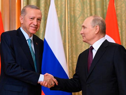 Der türkische Präsident Erdogan schüttelt Vladimir Putin die Hand und blickt in die Kamera. Im Hintergrund eine russische und eine türkische Fahne