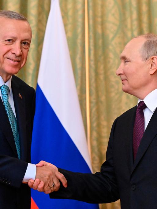 Der türkische Präsident Erdogan schüttelt Vladimir Putin die Hand und blickt in die Kamera. Im Hintergrund eine russische und eine türkische Fahne