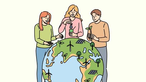 Illustration: Freiwillige stehen an einem Globus und pflanzen Setzlinge und stellen Windräder und Solarpaneeele auf, um den CO2-Ausstoß zu reduzieren. 