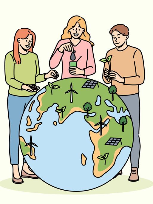 Illustration: Freiwillige stehen an einem Globus und pflanzen Setzlinge und stellen Windräder und Solarpaneeele auf, um den CO2-Ausstoß zu reduzieren. 