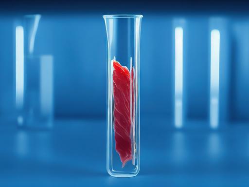 Illustration eines im Labor gezüchteten Fleischstücks in einem Reagenzglas vor blaubem Hintergrund
