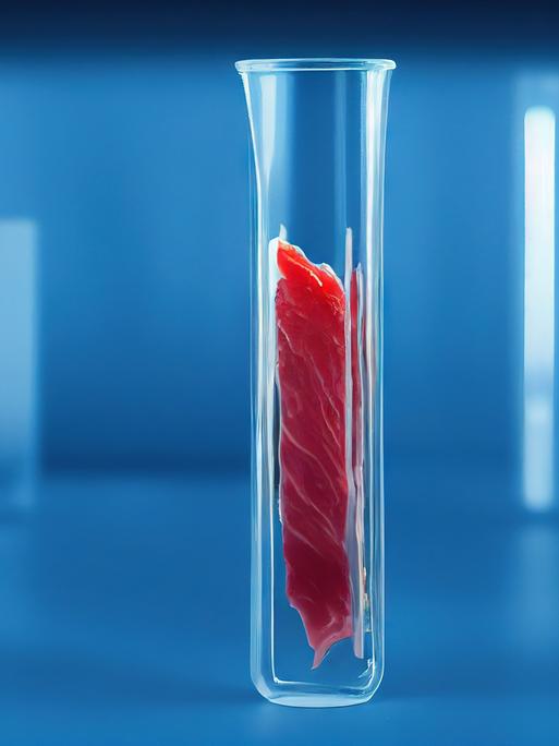 Illustration eines im Labor gezüchteten Fleischstücks in einem Reagenzglas vor blaubem Hintergrund