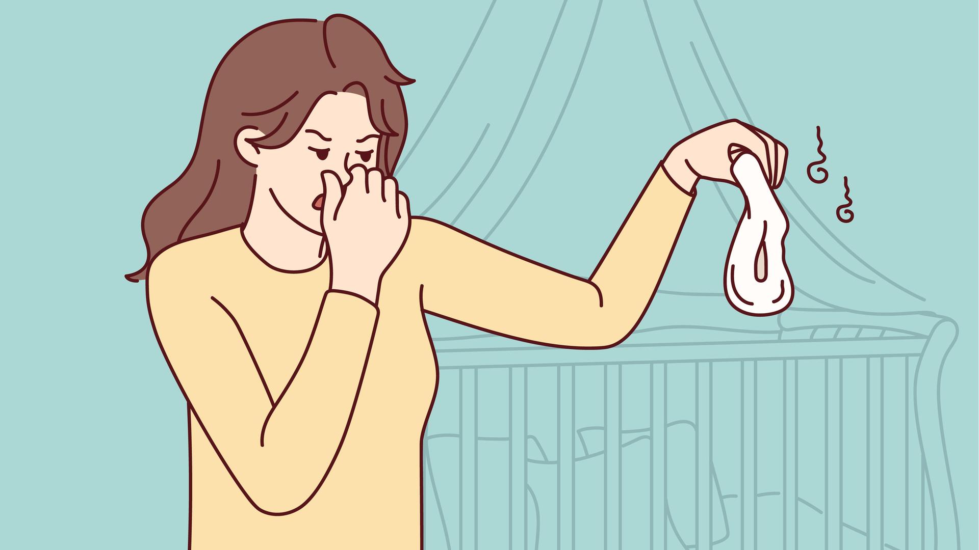 Illustration: Frau hält eine Windel in der einen Hand, mit der anderen hält sie sich die Nase zu.