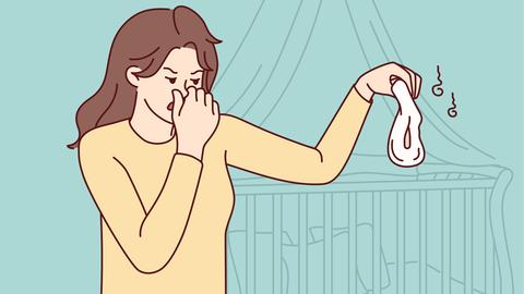 Illustration: Frau hält eine Windel in der einen Hand, mit der anderen hält sie sich die Nase zu.