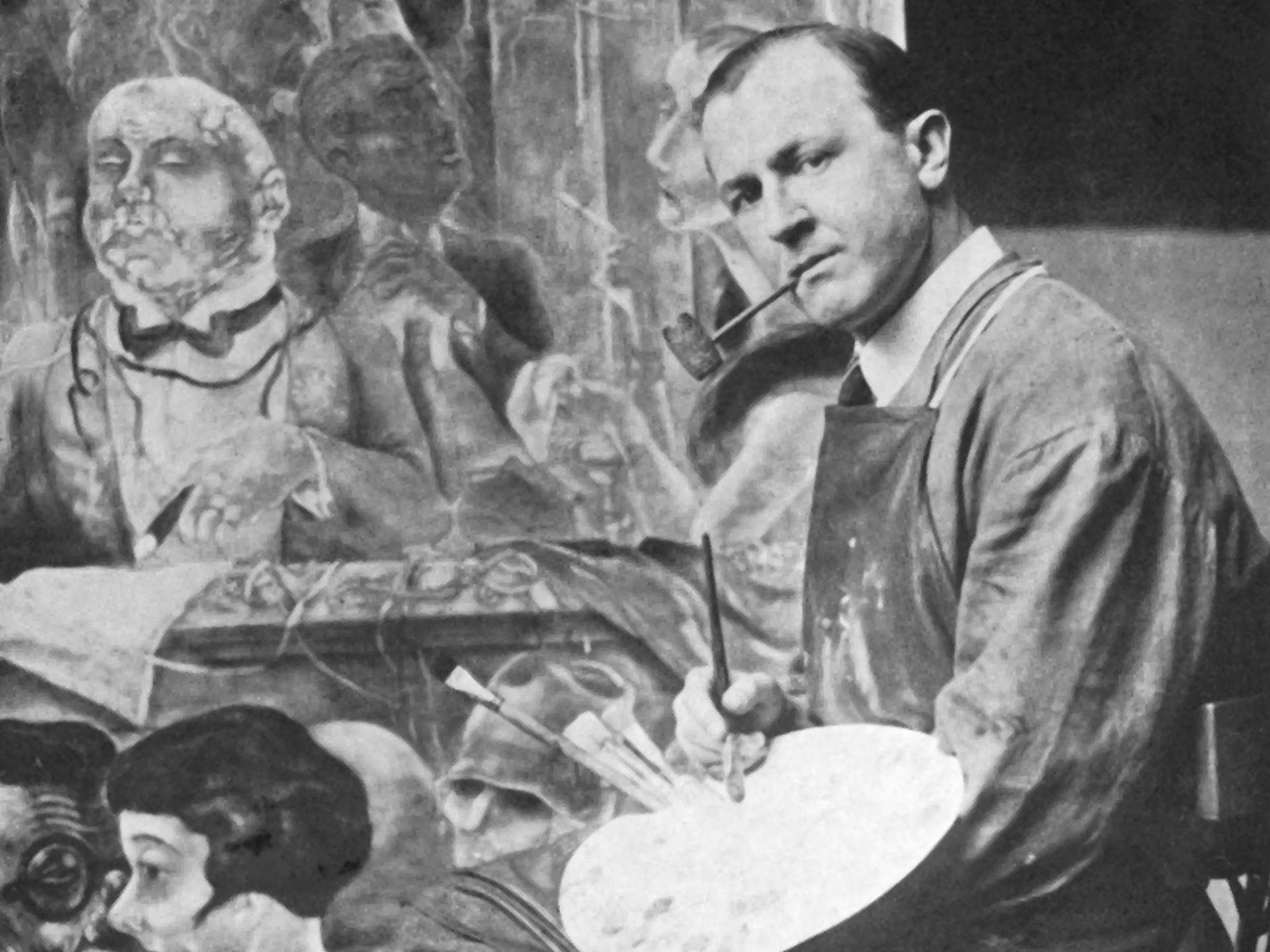 Der deutsche Künstler George Grosz (1893 - 1959) in seinem Atelier vor einem Gemälde. Er war ein prominentes Mitglied der Berliner Dada-Gruppe und der Neuen Sachlichkeit, bekannt vor allem für seine bissigen Karikaturen des Berliner Lebens in den 1920er Jahren.