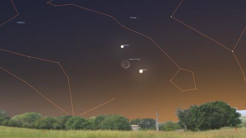 Das himmlische Dreigestirn am Abend des 22. Februar (Aschermittwoch): Jupiter, Mondsichel und Venus.