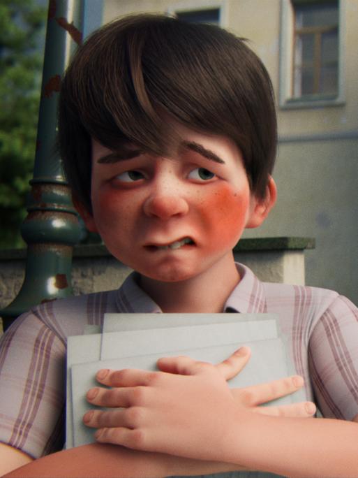 Filmstill aus dem Animationsfilm "Willkommen in Siegheilhausen". Ein Junge presst sich Zeichenblätter gegen die Brust, ein Priester trägt ihm ein verlorenes hinterher.