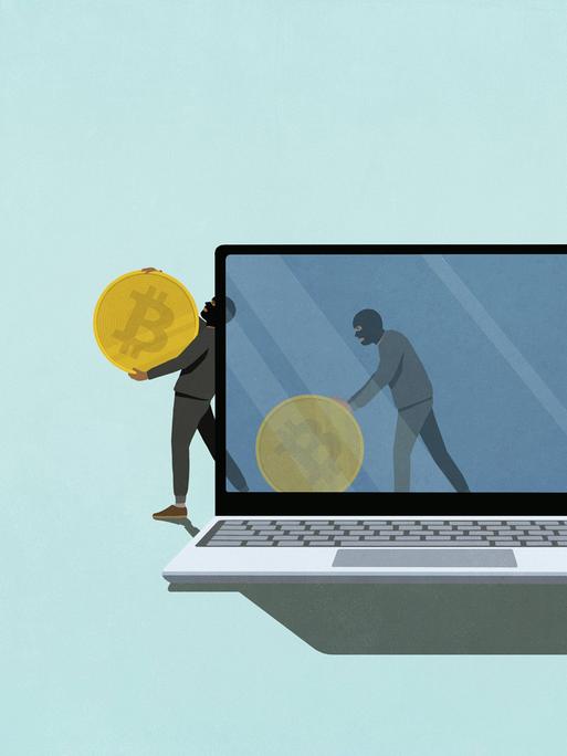 Illustration von Internetdieben, die Bitcoins aus einem Computer stehen
