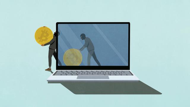 Illustration von Internetdieben, die Bitcoins aus einem Computer stehen