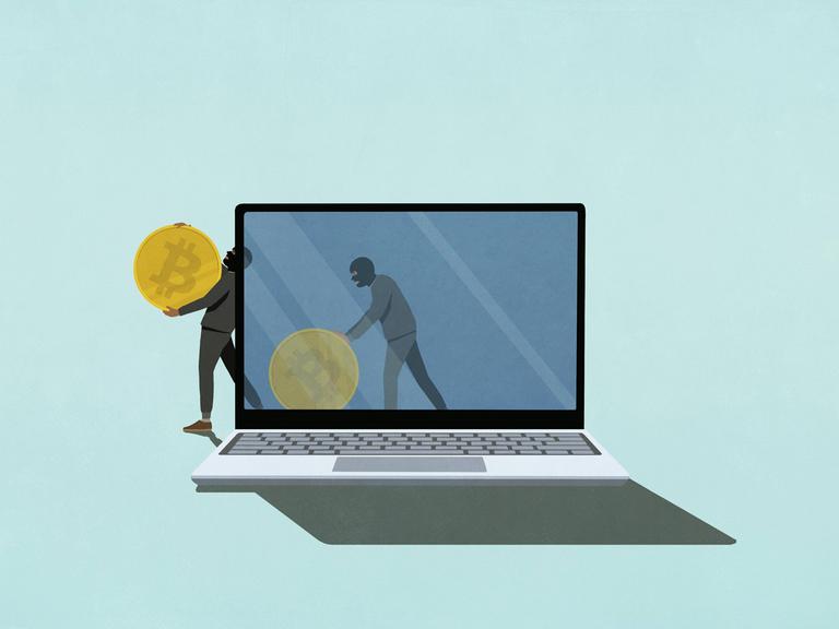 Illustration von Internetdieben, die Bitcoins aus einem Computer stehen