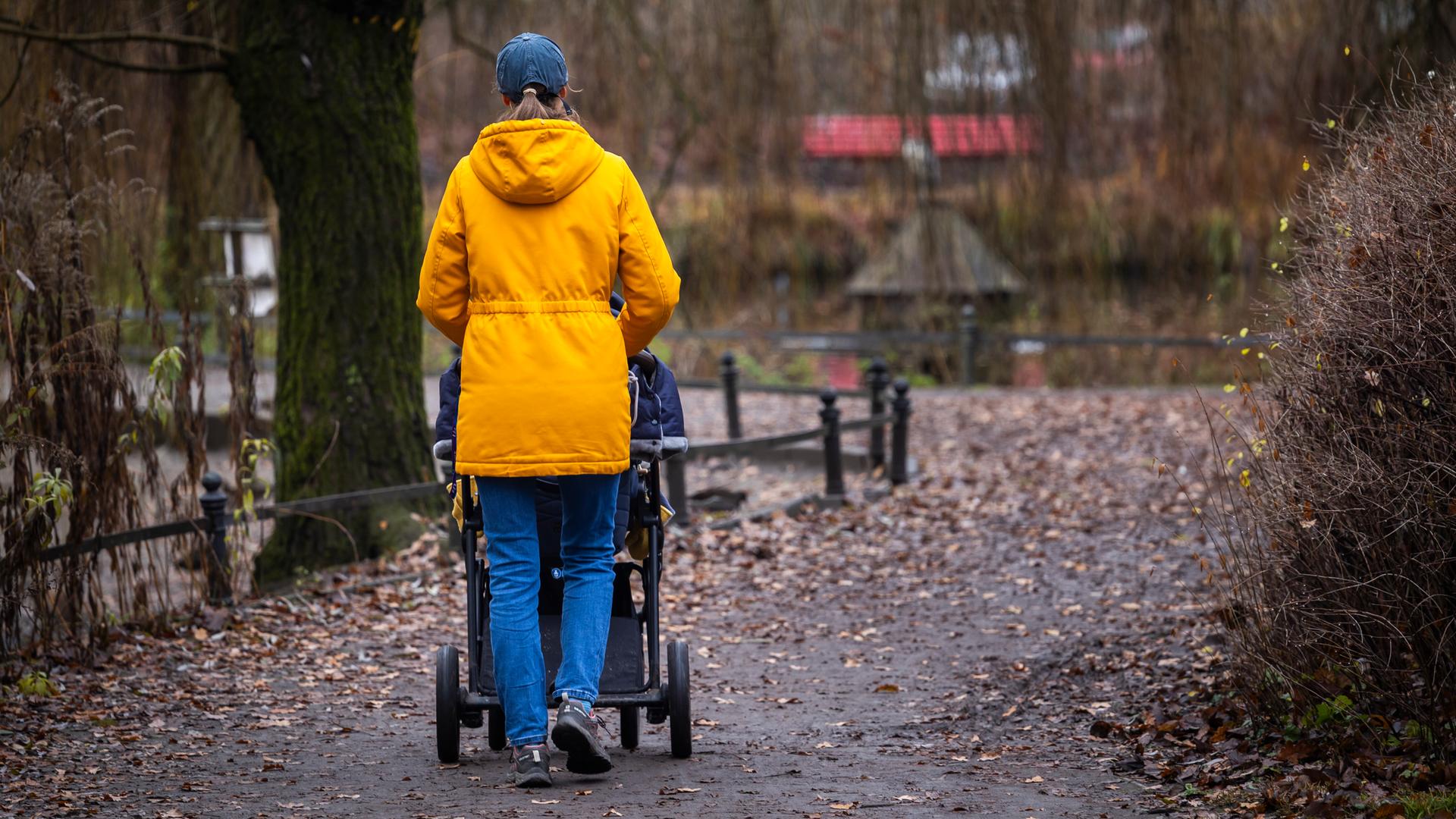 Eine Frau schiebt einen Kinderwagen durch einen Park - Rückansicht. Eine Frau schiebt einen Kinderwagen durch einen Park - Rückansicht.