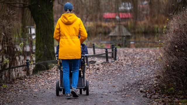Eine Frau schiebt einen Kinderwagen durch einen Park - Rückansicht.