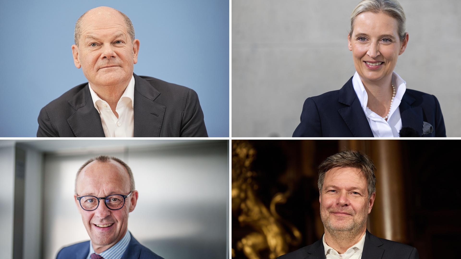 KOMBO - Bundeskanzler Scholz (SPD, oben, l-r), Weidel (AfD), Bundesparteivorsitzende, Merz, CDU-Bundesvorsitzender und CDU/CSU-Fraktionsvorsitzender im Bundestag, und Habeck (Bündnis 90/Die Grünen), Bundeswirtschaftsminister und Vizekanzler. 