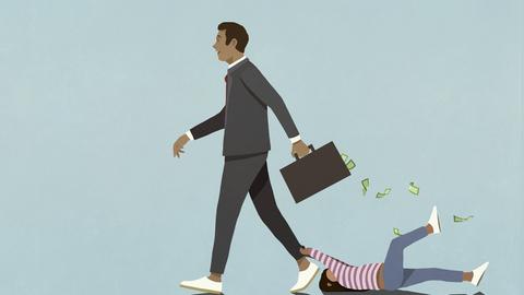 Ein Mädchen hält sich an den Beinen ihres in Anzug gekleideten Vaters fest. Aus seinem Aktenkoffer fällt Geld. (Illustration)
