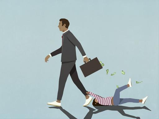 Ein Mädchen hält sich an den Beinen ihres in Anzug gekleideten Vaters fest. Aus seinem Aktenkoffer fällt Geld. (Illustration)