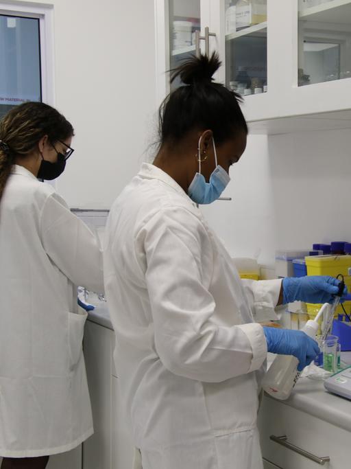 In einem Labor arbeiten zwei Frauen mit weißem Kittel.