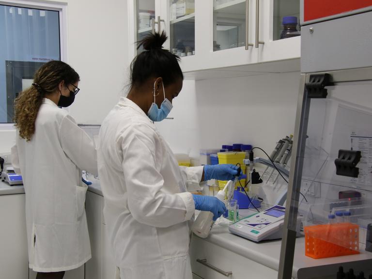 In einem Labor arbeiten zwei Frauen mit weißem Kittel.