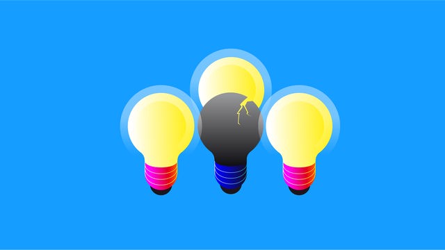 Illustration von vier Glühbirnen, drei davon strahlen, eine bleibt dunkel, weil sie gebrochen ist.