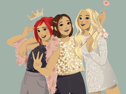 Die Illustration seigt die drei Ausrufezeichen, das sind die drei Detektivinnen Kim, Franzi und Marie.
