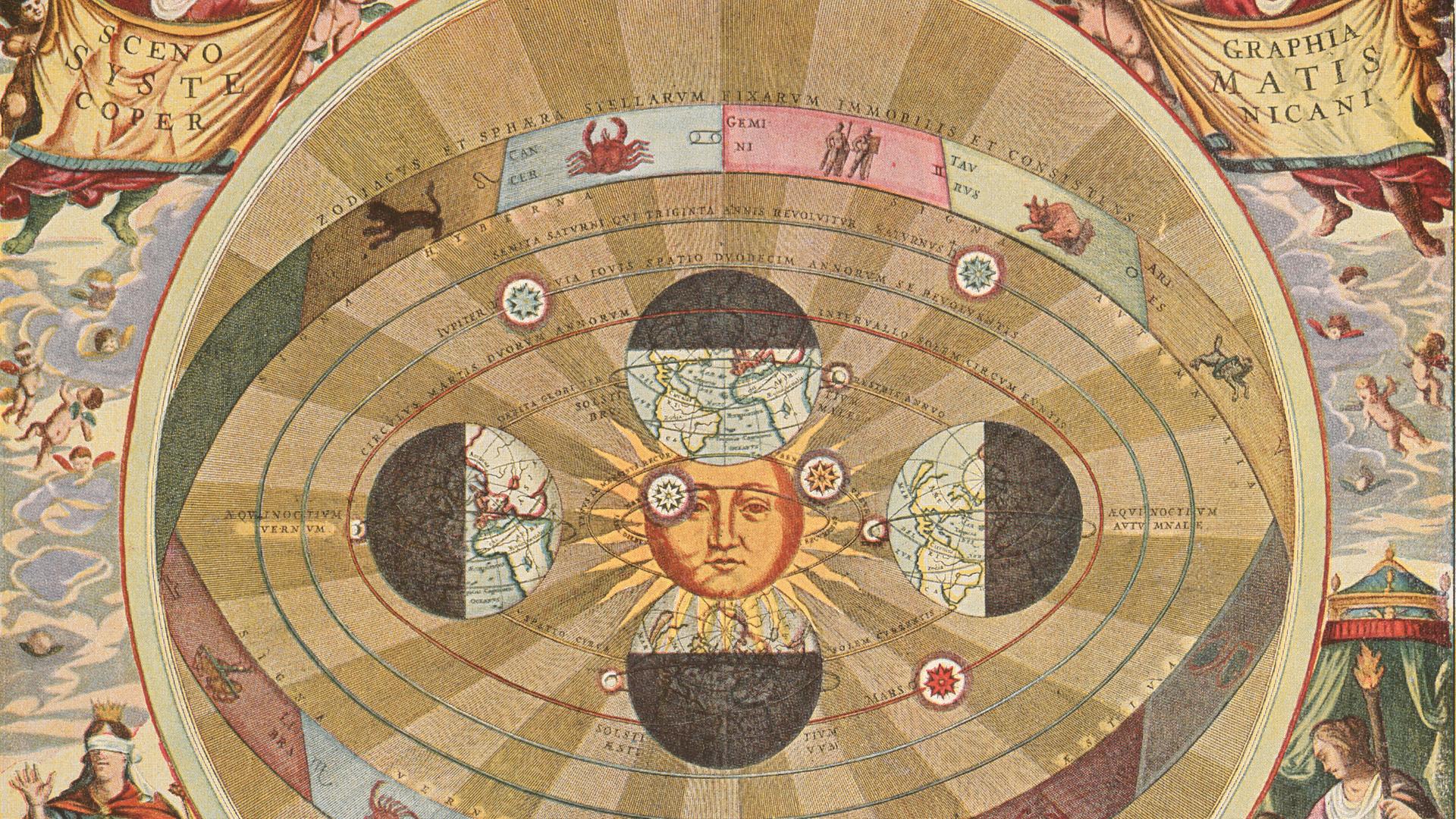 Das Heliozentrisches Weltbild des Kopernikus: koloriierter Kupferstich anch Christoph Cellarius' "Harmonia Macrocosmica" von 1660.