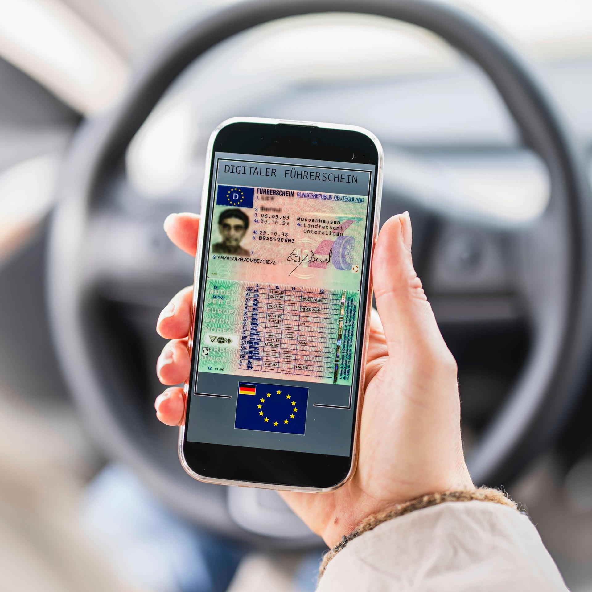 Fotomontage: Eine Hand hält ein Smartphone, auf dem ein Führerschein zu sehen ist. Die Person sitzt im Auto.
