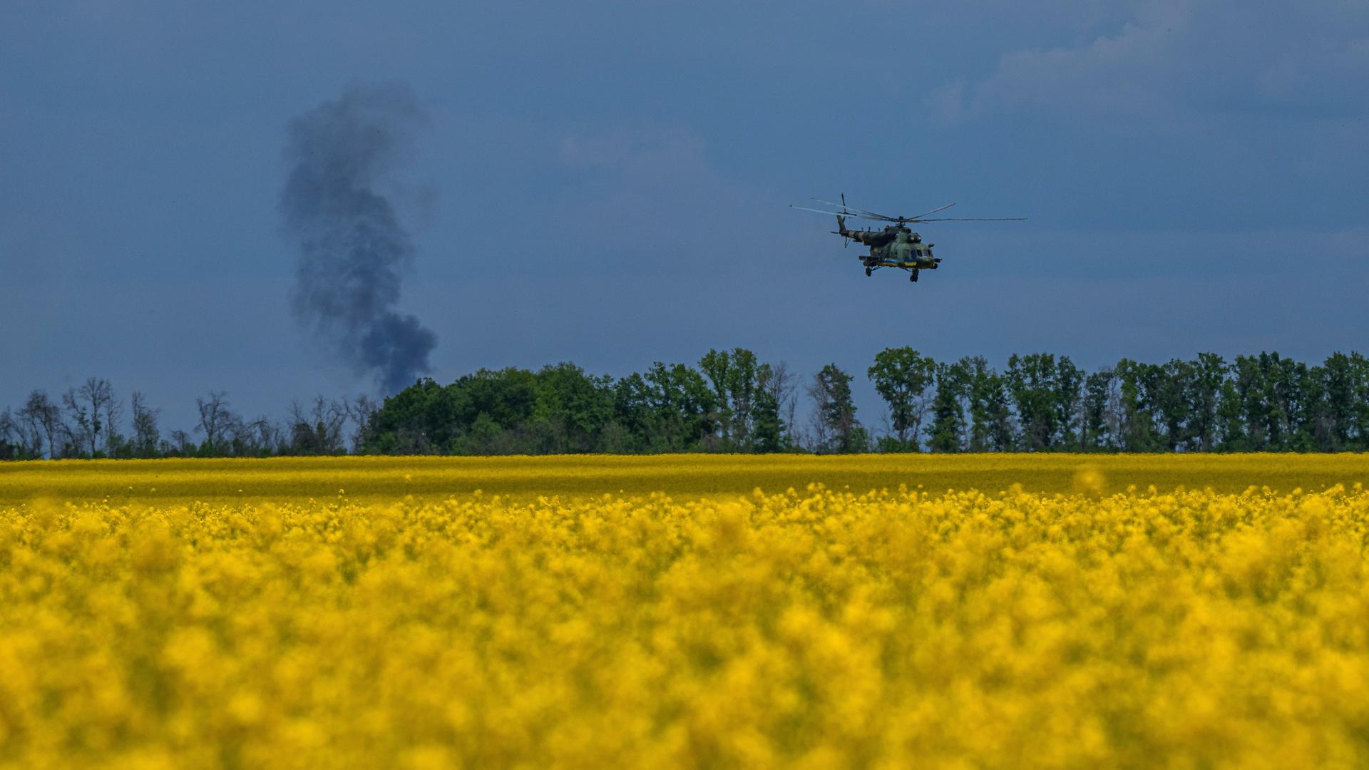 Ein Hubschrauber fliegt über ein gelb blühendes Feld, im Hintergrund steigt Rauch auf.