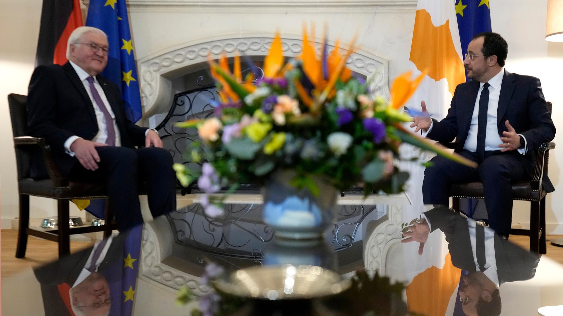 Bundespräsident Steinmeier sitzt dem zyprischen Präsident Christodoulides gegenüber. Zwischen ihnen im Vordergrund des Bildes steht ein großer Blumenstrauß.