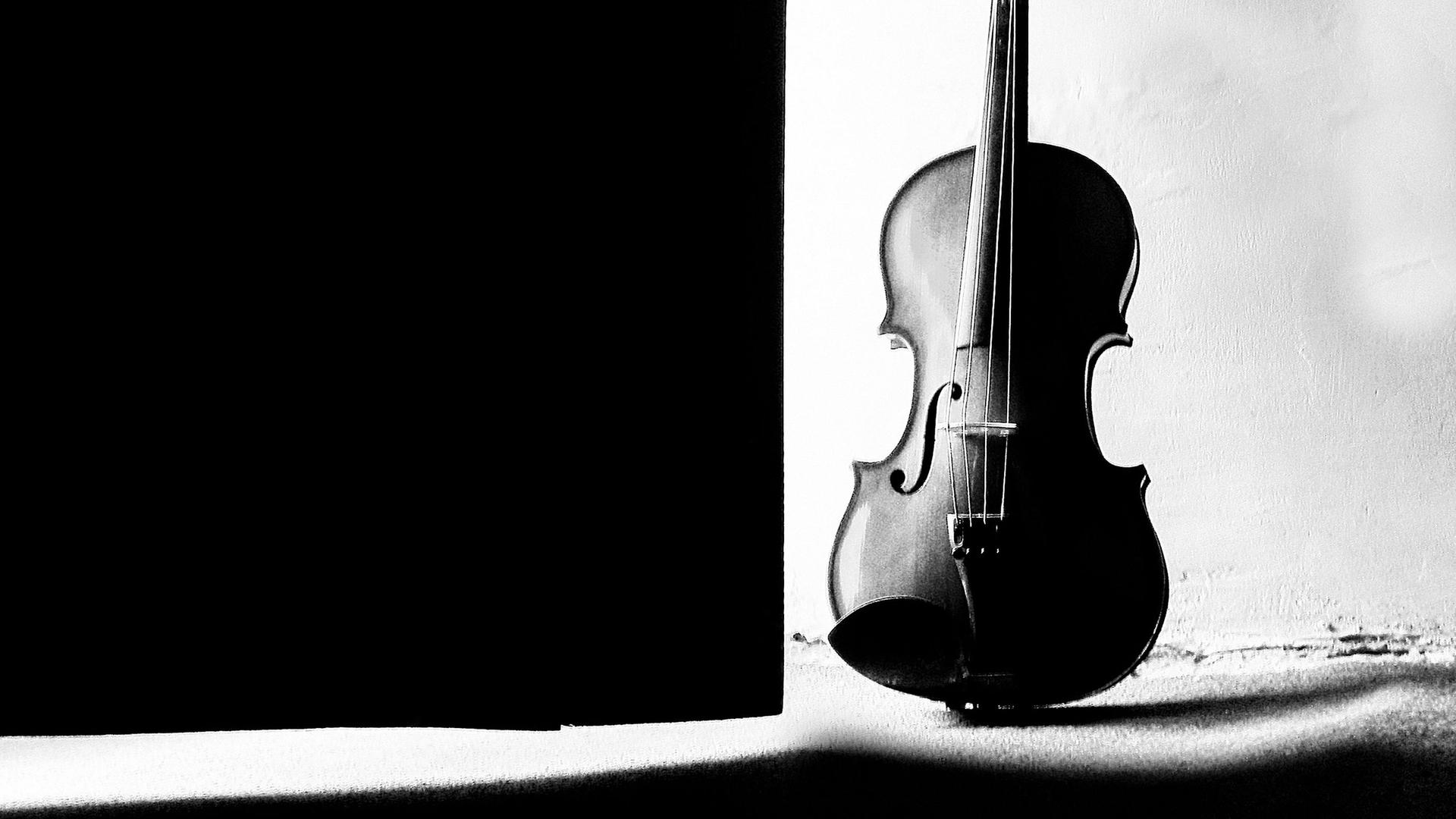 Schwarz-weißer Blick auf eine Geige, die von Schatten umstellt ist.
