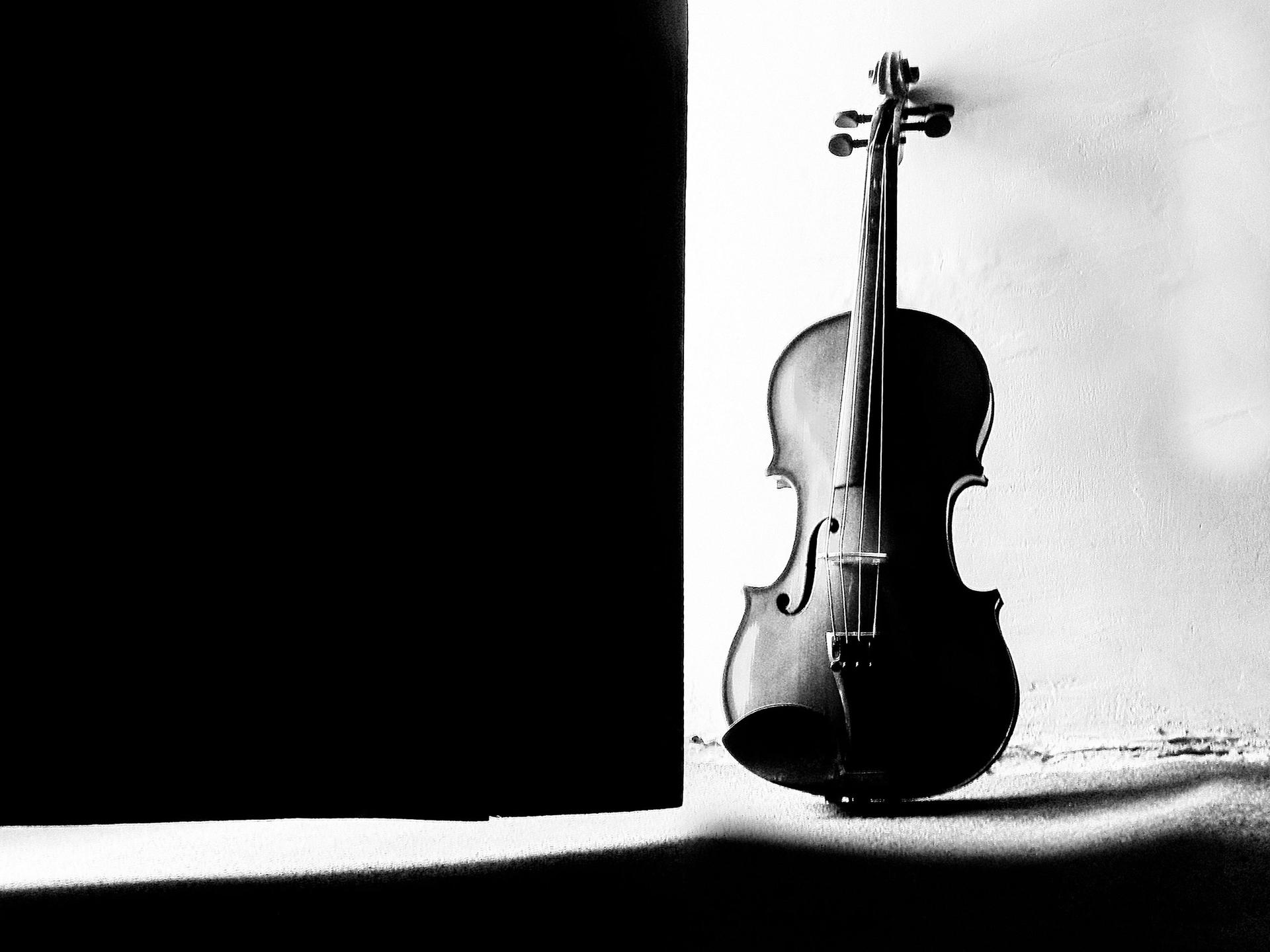 Schwarz-weißer Blick auf eine Geige, die von Schatten umstellt ist.