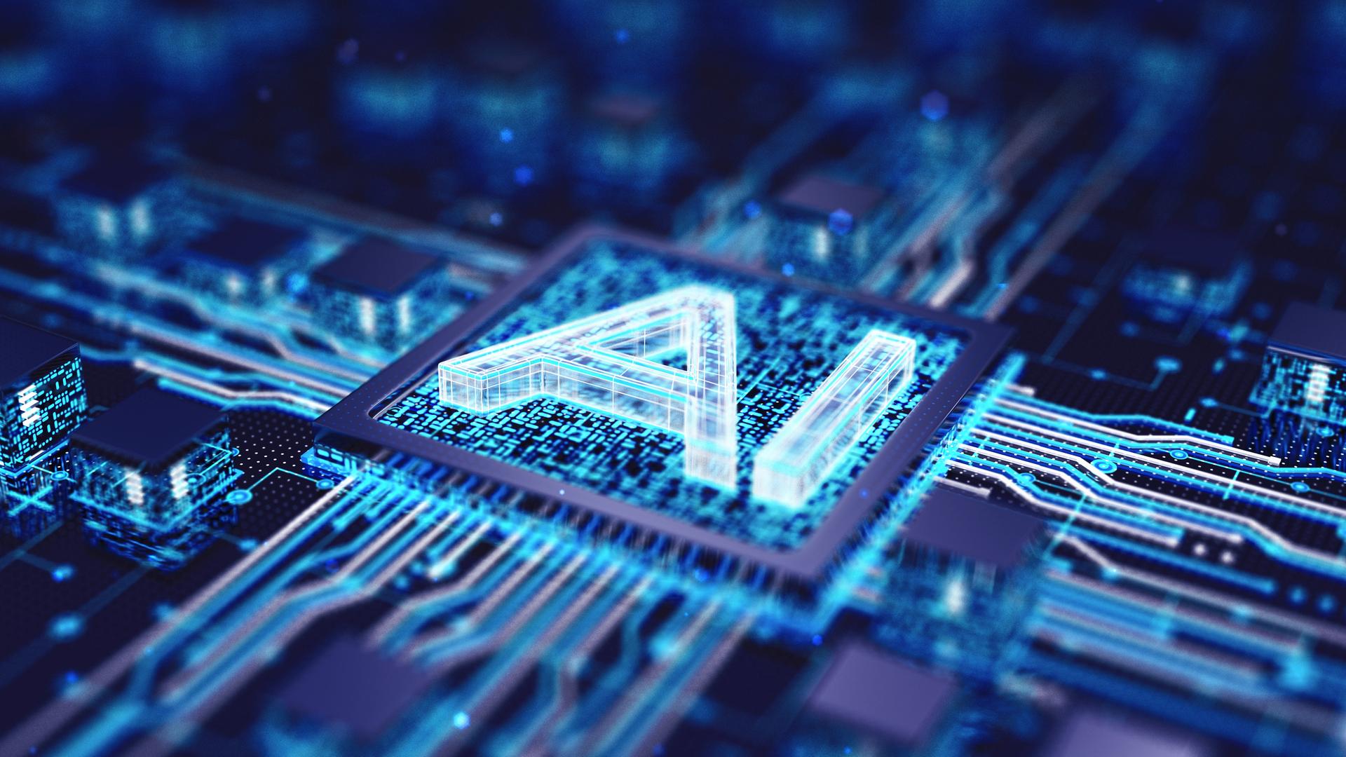 3D Rendering eines Mikrochip, auf dem die Buchstaben AI zu lesen sind. Der Chip liegt in der Mitte von einer Leiterplatte, auf der noch weitere Chips in blauen Tönen liegen.