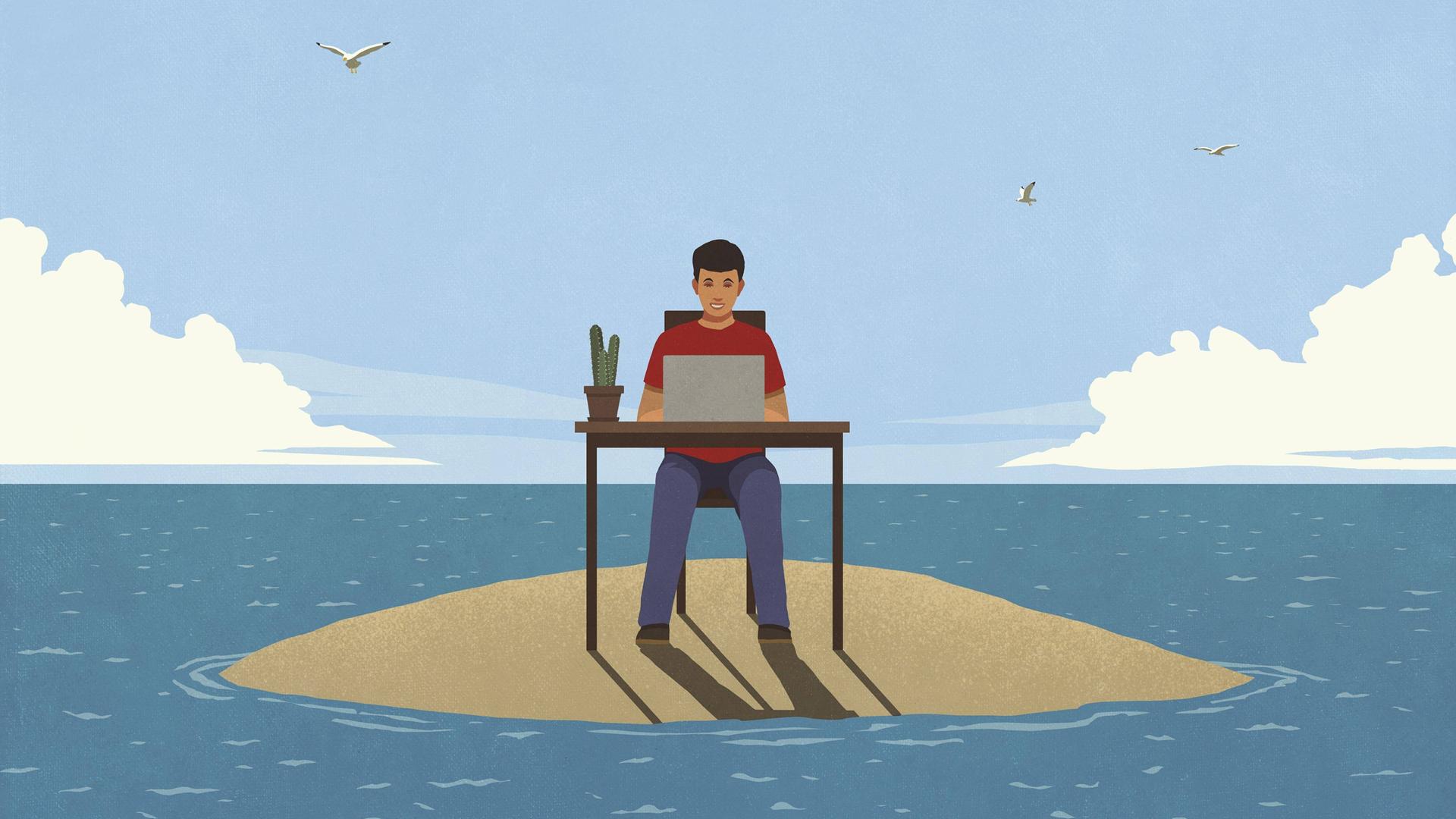 Die Illustration zeigt einen jungen Mann. Er sitzt auf einer kleinen Insel im Meer an einem Tisch und schreibt. Die Illustration zeigt einen jungen Mann. Er sitzt auf einer kleinen Insel im Meer an einem Tisch und schreibt.