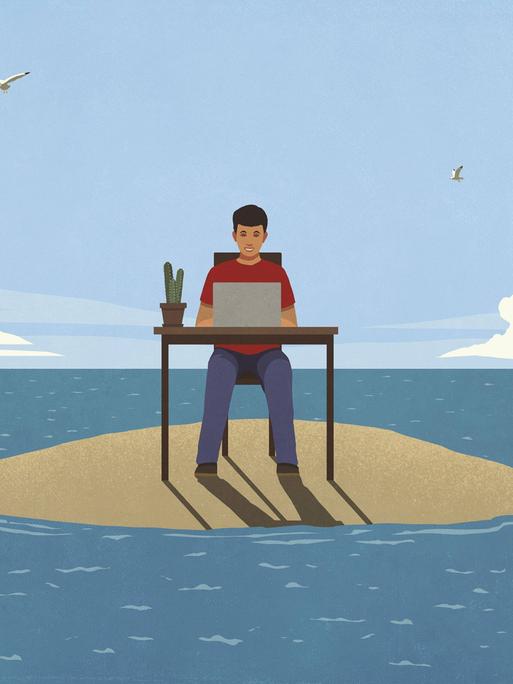Die Illustration zeigt einen jungen Mann. Er sitzt auf einer kleinen Insel im Meer an einem Tisch und schreibt.
