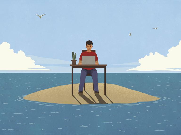 Die Illustration zeigt einen jungen Mann. Er sitzt auf einer kleinen Insel im Meer an einem Tisch und schreibt.