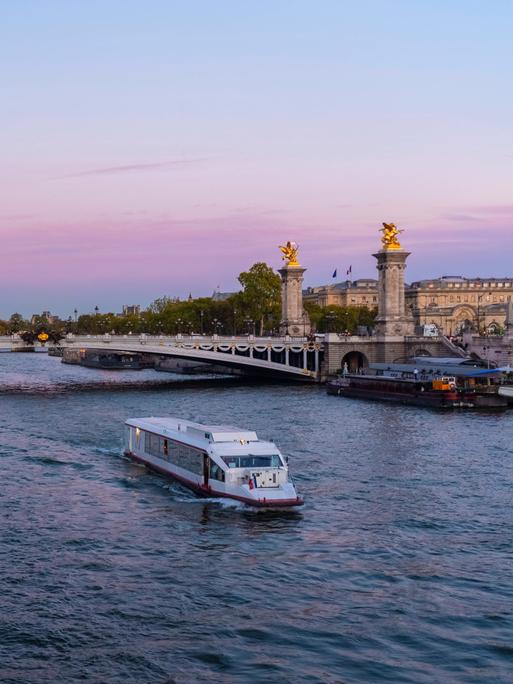Die Brücke Pont Alexandre III über der Seine in Paris im Sonnenuntergang.
