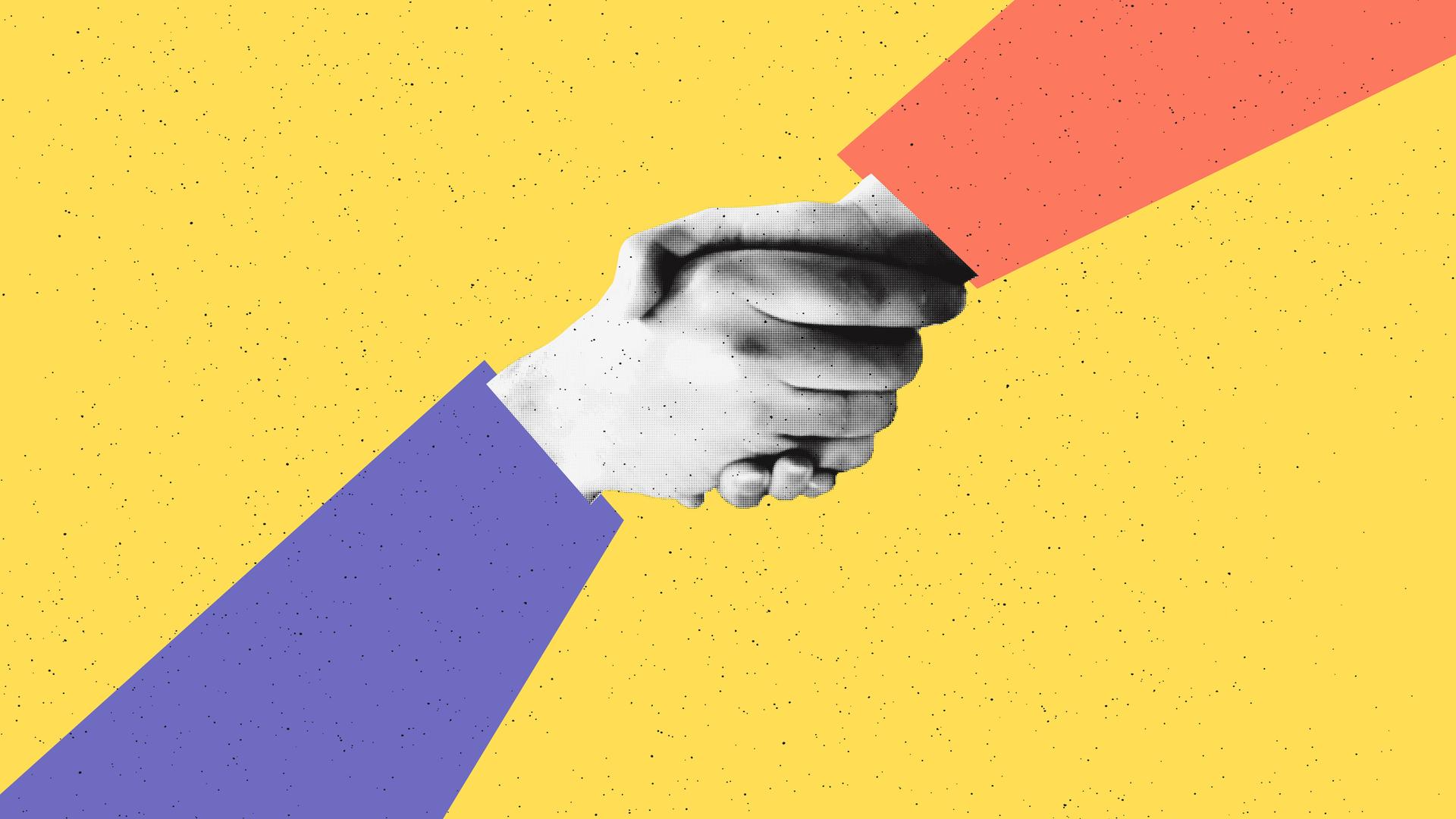 Halbton Collage zweier Hände, die sich schütteln, vor gelbem Hintergrund.