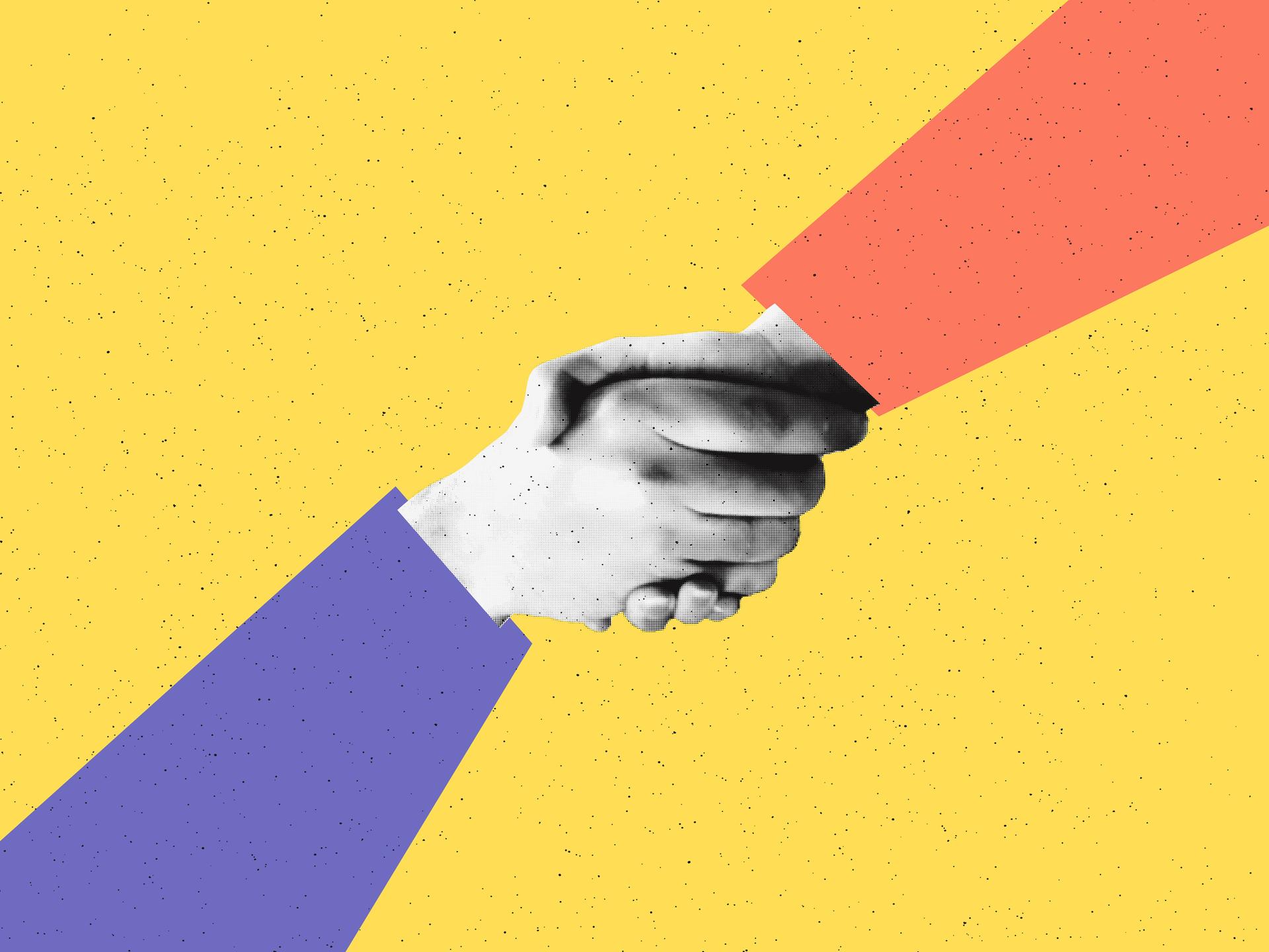 Halbton Collage zweier Hände, die sich schütteln, vor gelbem Hintergrund.