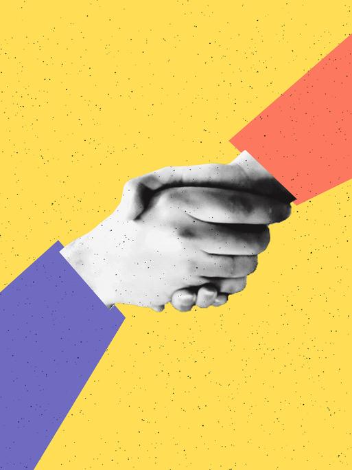 Halbton Collage zweier Hände, die sich schütteln, vor gelbem Hintergrund.